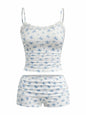 RoseSeek Women's Floral Print Ruched Lace Cami Crop Top & Shorts Set White Size