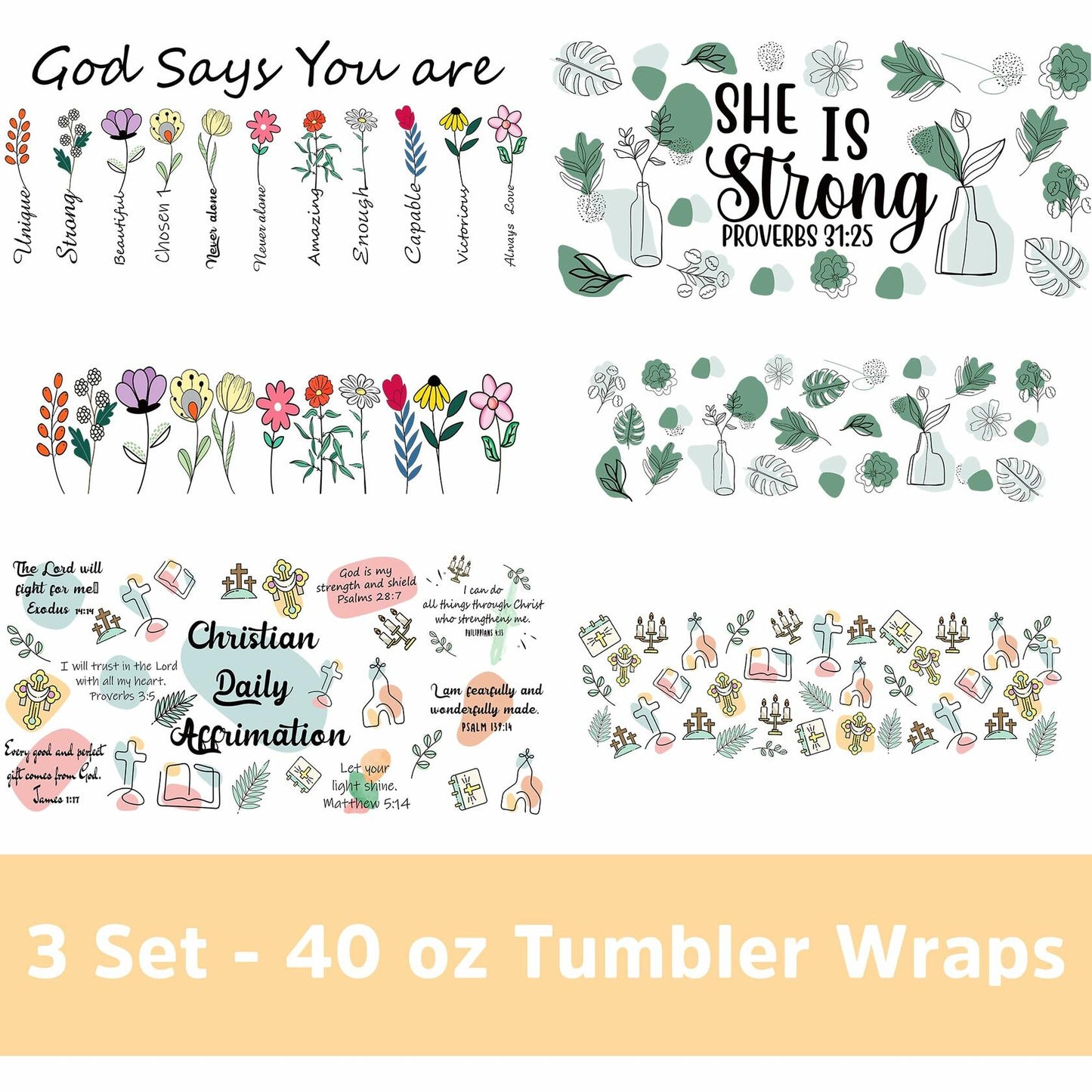 UV DTF Cup Wrap Transfer 6 Sheets Bible Verse Floral Waterproof 40oz Tumbler