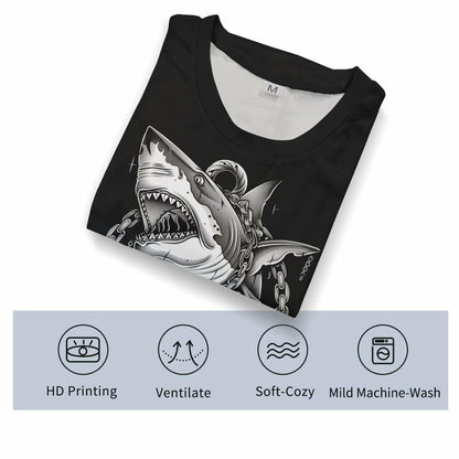 Faiwvhe Men's Creative Shark Graphic T-Shirt Black Summer Short Sleeves Size L