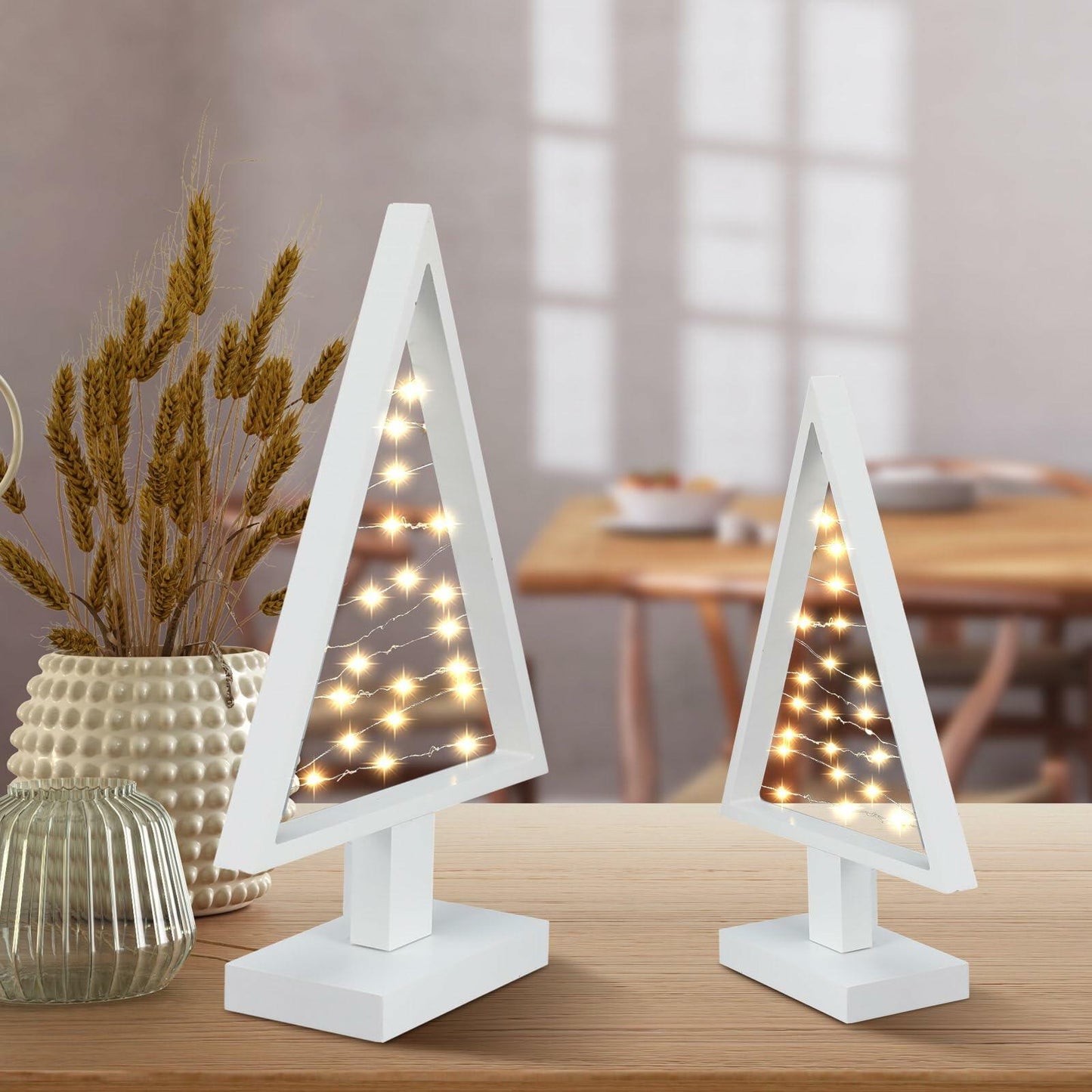 Cinnvoice Wood Christmas Tree with Lights Set of 2 White 13.4" & 9.8"