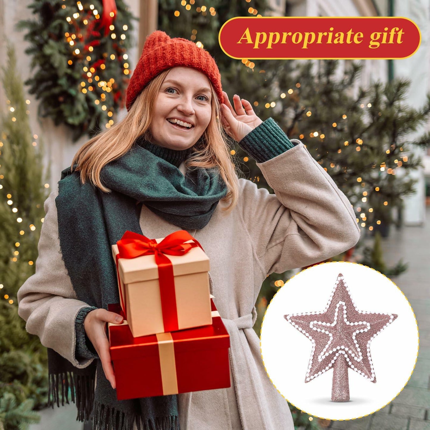 [Like New] Hollowfly Glitter Mini Star Christmas Tree Topper Rose Gold 4 Inch