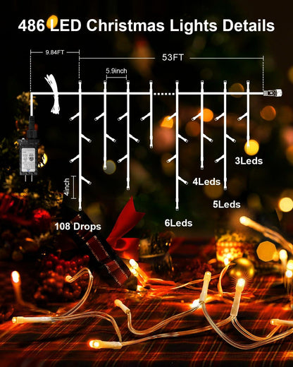 JIXXULVU 2 Pack 53FT 486 LED Outdoor Waterproof Timer 8 Modes Warm White