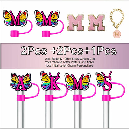 IN CHENTHY Straw Topper 2pcs Letter N Covers + Charm Chain + Alphabet Stickers