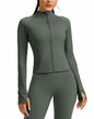 Womens Cropped Workout Jacket Slim Fit Full Zip Thumb Holes Pockets Sage Grey XL