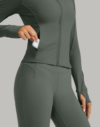 Womens Cropped Workout Jacket Slim Fit Full Zip Thumb Holes Pockets Sage Grey XL