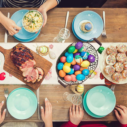 QIHOMPIB Easter Table Runner 13x72 Inch Pastel Rabbit Eggs Polyester