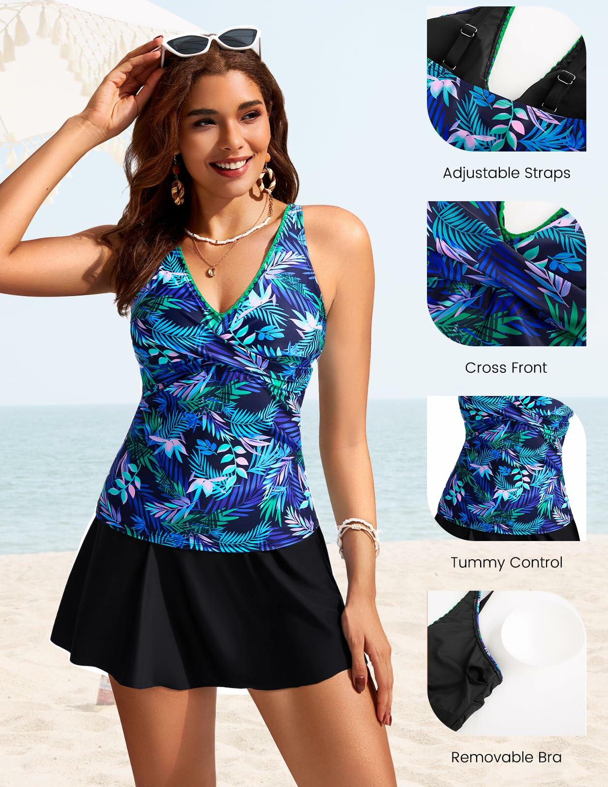 Kate Kasin Two Piece Swimsuit Tummy Control V Neck Blue Leaf Size 2XL
