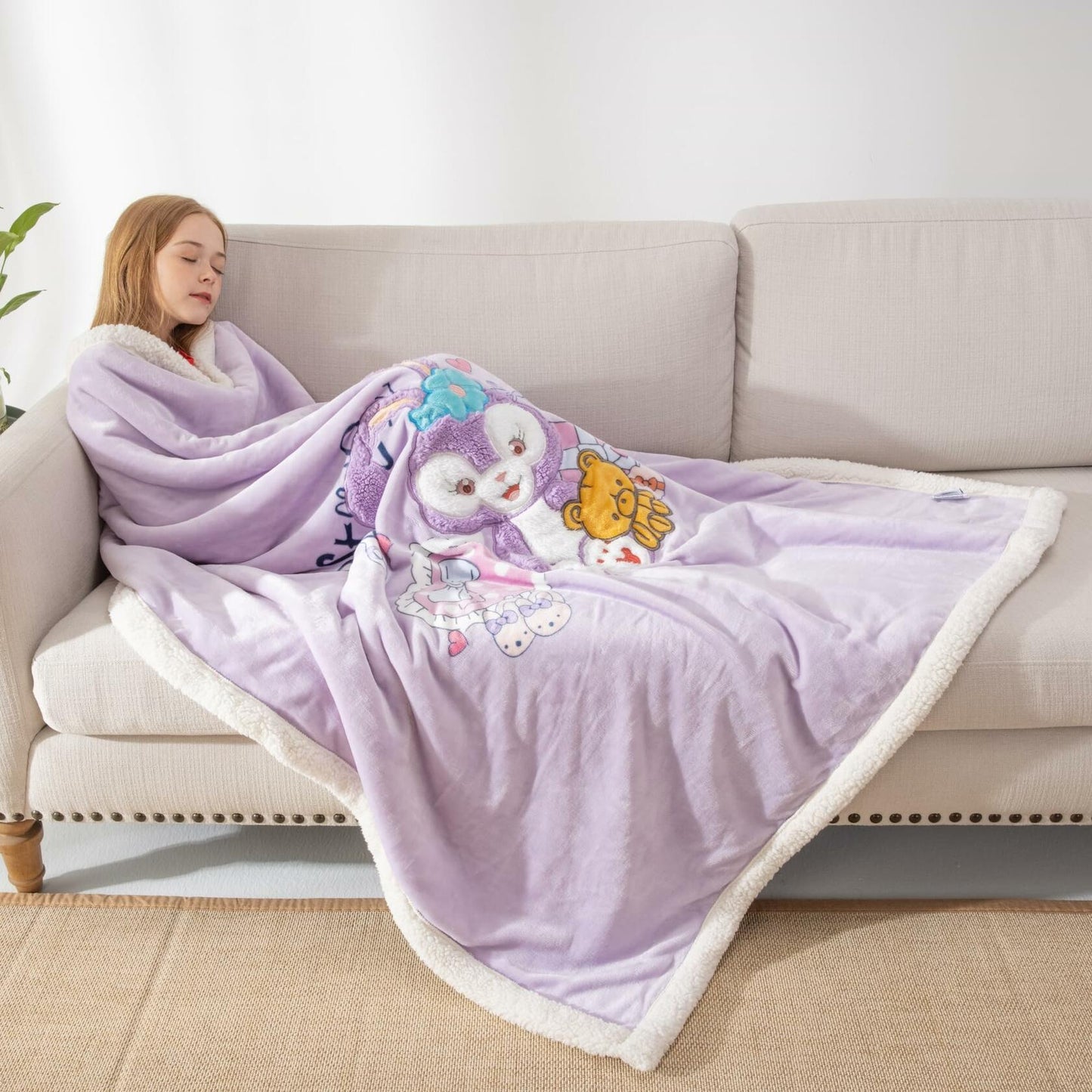 COSUSKET Kids Stella Lou 3D Embroidery Sherpa Rabbit Throw Blanket Beige 50x60in