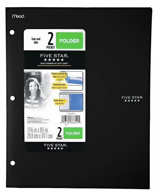 Five Star Mead 2-Taschen-Mappe mit Stay-Put-Laschen, Schwarz