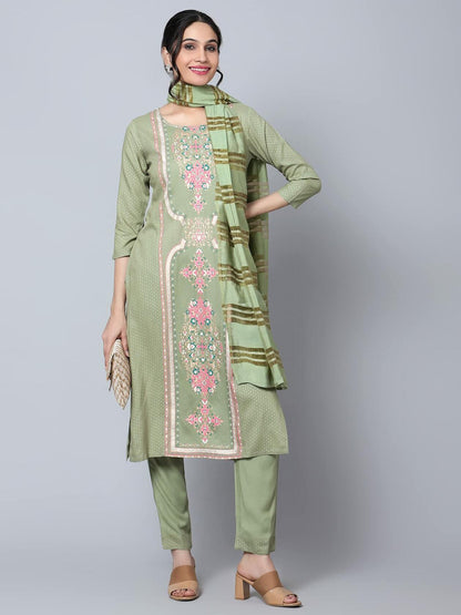 [Like New] Bani Women Rayon Embroidered Kurta Pant Dupatta Set Green Size XX-Large