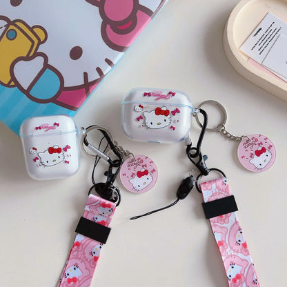 LZHZXM Hello Cartoon Cat TPU Case with Pink Lanyard Keychain Transparent
