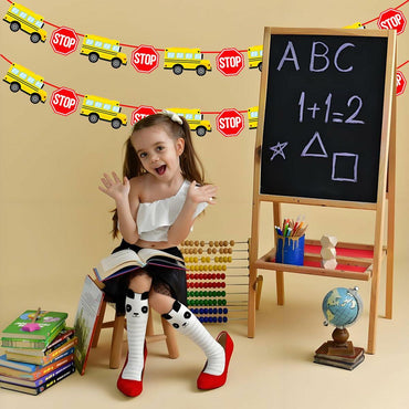 Corabsar 2Pcs Back to School Bus Banner Pre-Strung Paper Classroom Decor