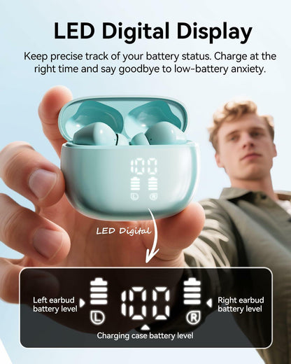 HUIFU Wireless Bluetooth Earbuds 40H Playtime IPX7 Waterproof Mint