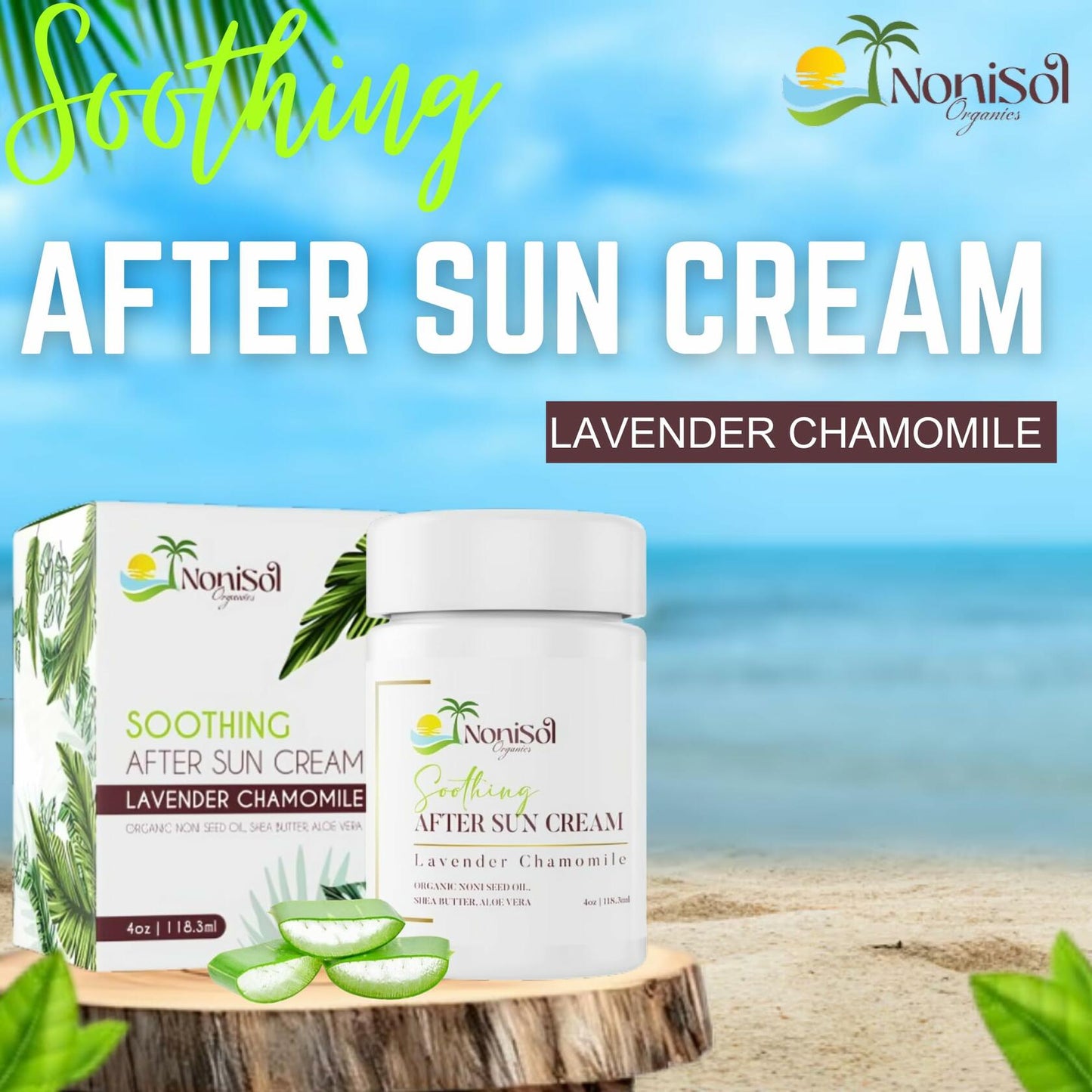 NoniSol Organics After Sun Cream 4oz with Noni Seed Oil Aloe Vera Coconut