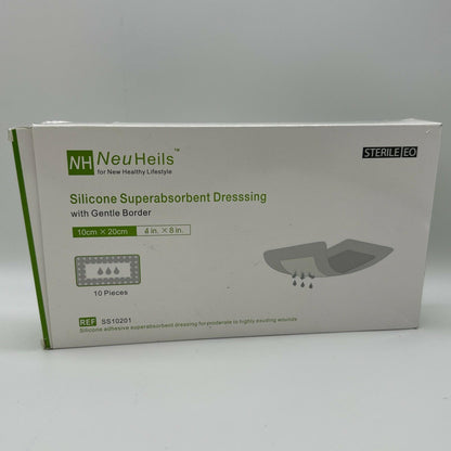 BestBy09/28 NeuHeils Silicone Super Absorbent Wound Dressing 4x8 Beige 10 Pack