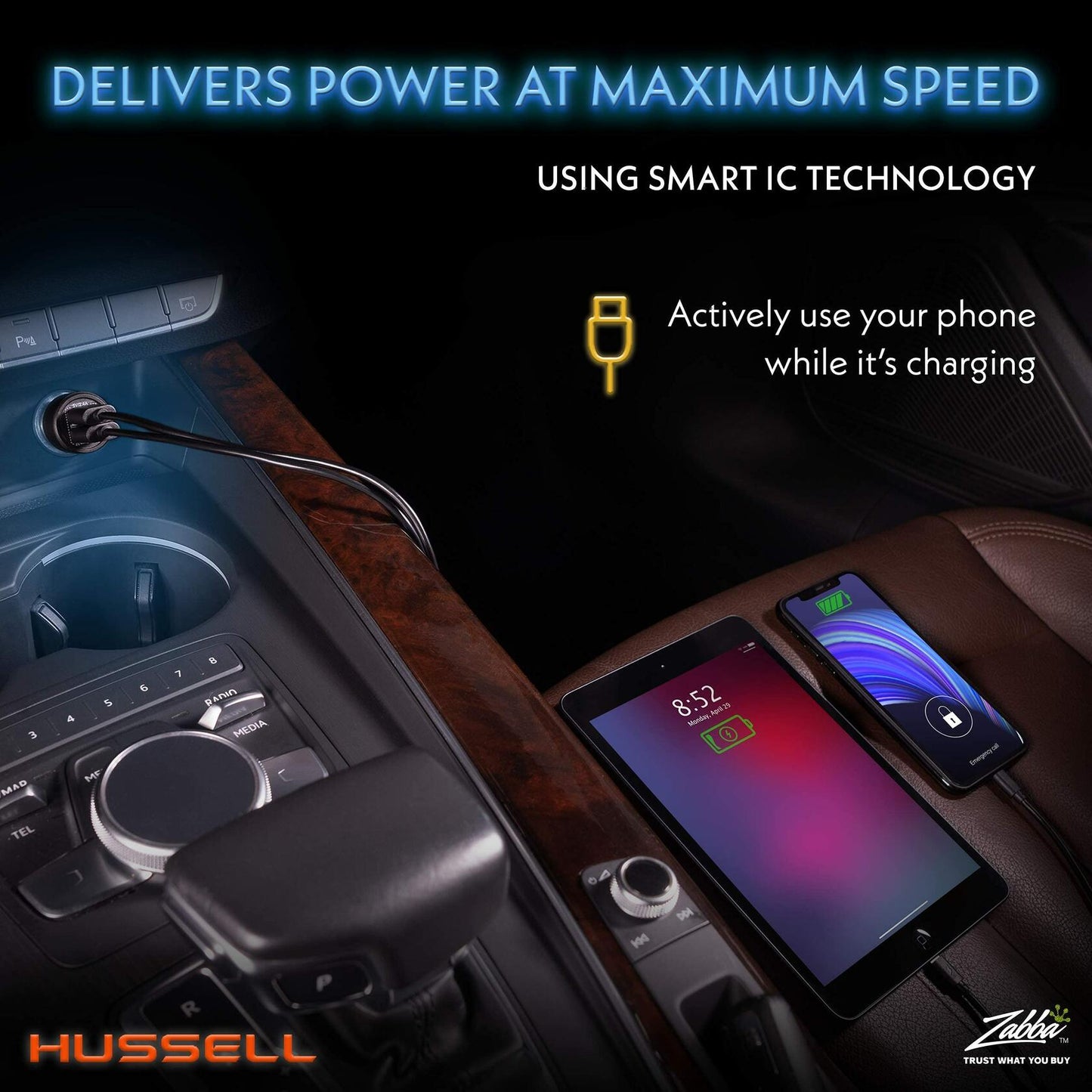 HUSSELL Car Charger Adapter 3.0 Fast Charge Dual USB Ports Black