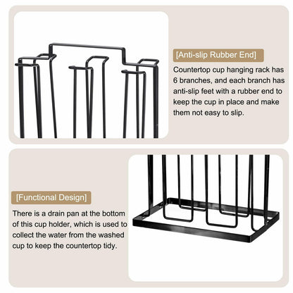uxcell Cup Drying Rack Foldable Stainless Steel 220x185mm 6 Cups Black