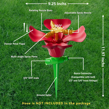IcyByte Rotating Flower Garden Sprinkler Adjustable Spray Modes Red 8.66"
