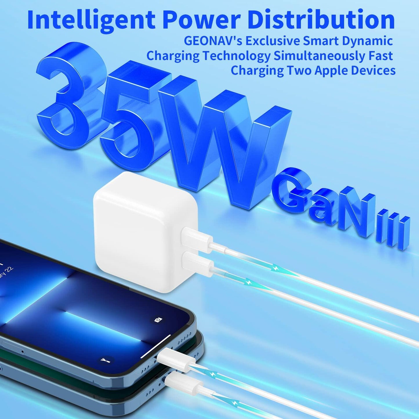 GEONAV Apple MFi 35W Dual USB-C GaN Fast Charger with 2x 6FT C to Lightning