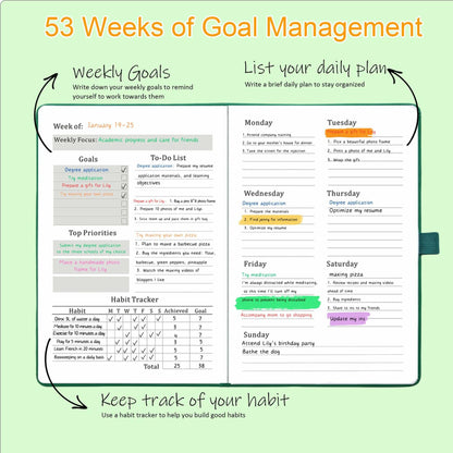 YOJO 2025 Undated A5 Weekly Planner with Goal & Habit Tracker Green