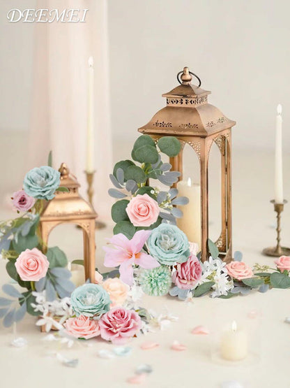 DEEMEI Artificial Pink Peach Silk Rose Peony Flowers Combo Box Set