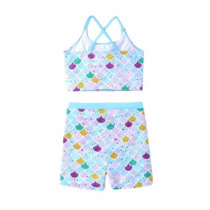 PATPAT Girls 2-Piece Tankini Swimsuit Set Sky Blue Fish Mermaid Size 6-7