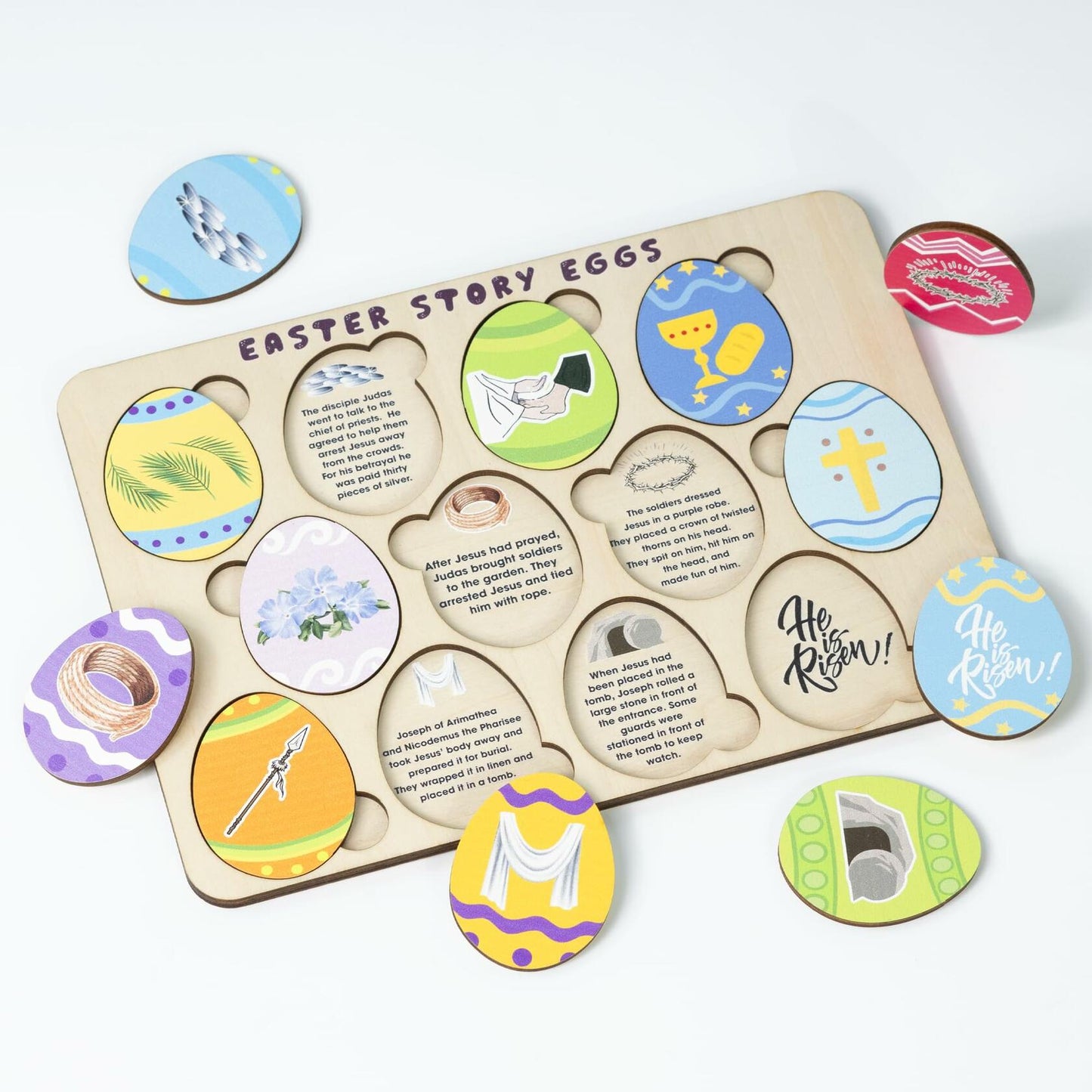 KATINAT Easter Story Wooden Eggs Set 12pcs Easter Story Puzzle Small