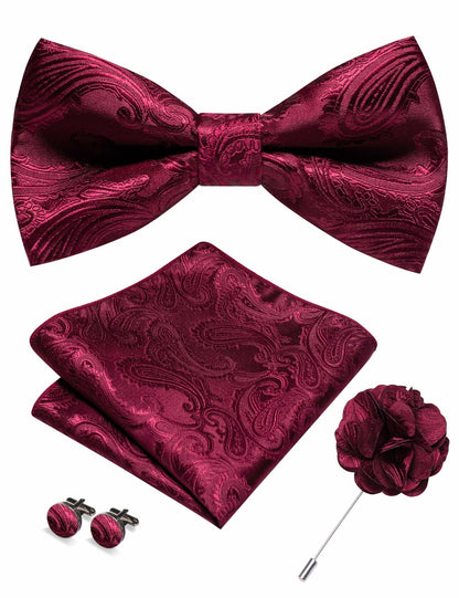 RBOCOTT Purple Paisley Bow Tie Pocket Square Lapel Pin Cufflinks Set