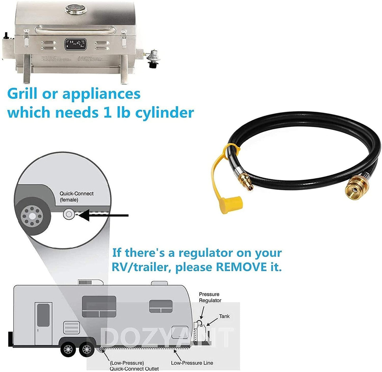 DOZYANT 12ft 1/4" Quick Connect RV Propane Hose Converter for 1 LB Bottle