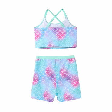 PATPAT Girls 2-Piece Tankini Swimsuit Set Light Green Fish Mermaid Size 6-7