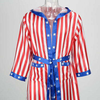[Like New] Colorful House Men Satin Black Boxing Robe with Belt Flag Size L