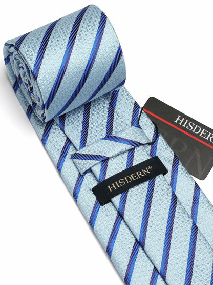 HISDERN Mens Silk Striped Necktie & Handkerchief Set Light Green Size 8.5cm
