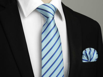 HISDERN Mens Silk Striped Necktie & Handkerchief Set Light Green Size 8.5cm