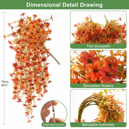 INQCMY Faux Mums Silk Flowers with Autumn Leaves Orange Red 2PCS Outdoor Decor