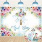 God Bless Backdrop Boy Blue Floral Baptism Party Decoration 7x5FT