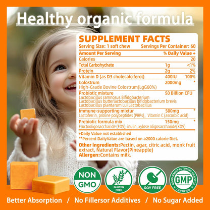 BestBy12/26 Natures Aid Colostrum Chews Probiotics Gut Health Orange 60 Sv