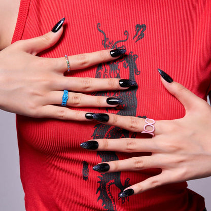GLAMERMAID Press On Nails Medium Almond Black Glitter French Tips Set