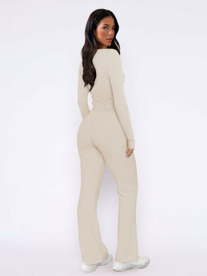ECHOINE Women's Lounge Set LongSleeve Crop Top Straight Leg Pants Apricot Size L