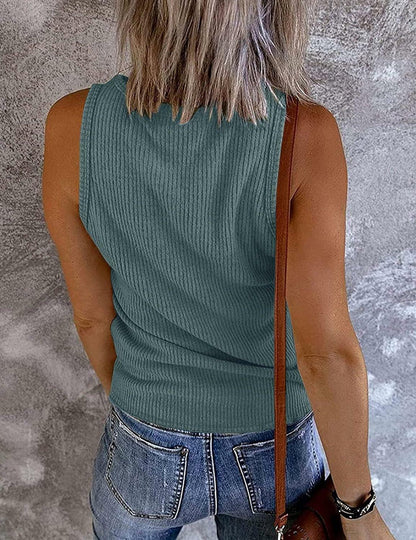 Meow Meow Lace Women's Ribbed V Neck Henley Tank Top Blue Grey Size L