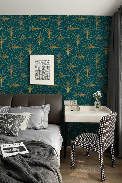 Safiyya Peel & Stick Wallpaper 393x17.3in Gold White Geometric Stripe Vinyl