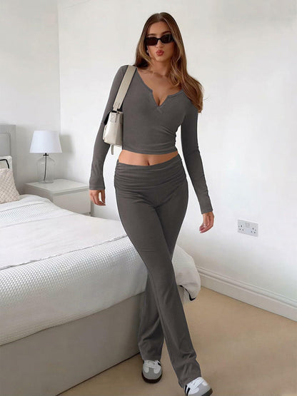 [Like New] FAIRY SEASON Women’s 2pc Lounge Set V-Neck Top Flare Pants Deep Gray S