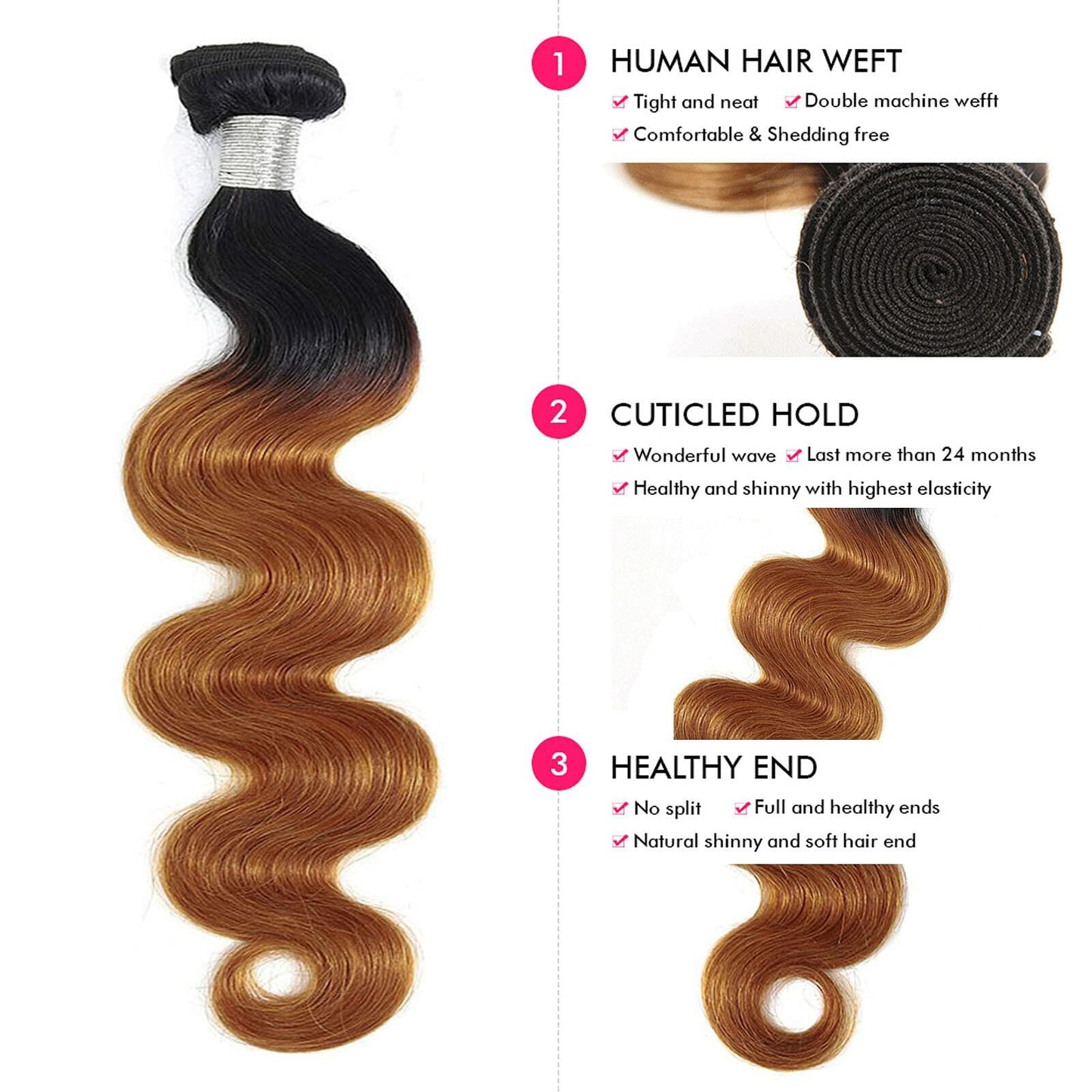 IMAYLI Body Wave 10A 4 Bundles 100% Unprocessed Ombre Brazilian Hair T1B/30