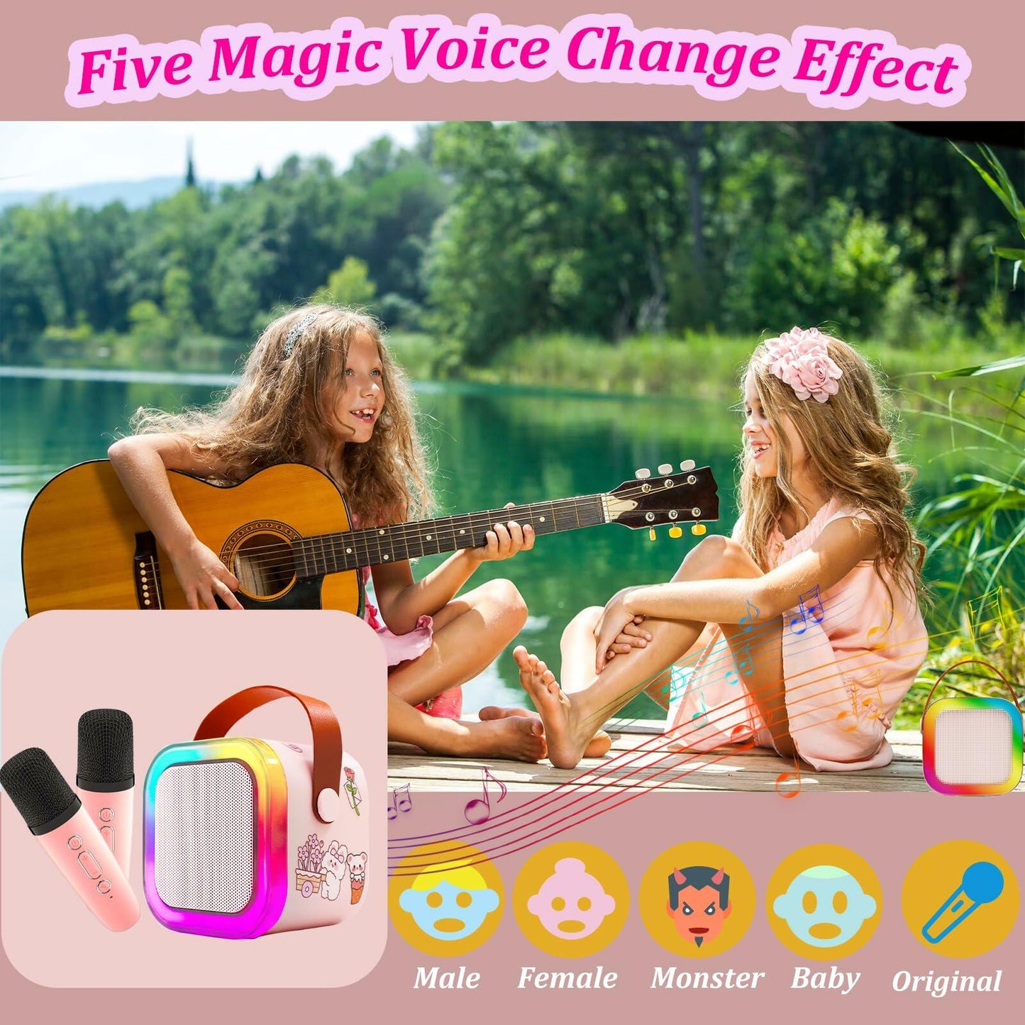 [Like New] KBG Mini Karaoke Machine Kids Bluetooth Speaker 2 Wireless Mics Black