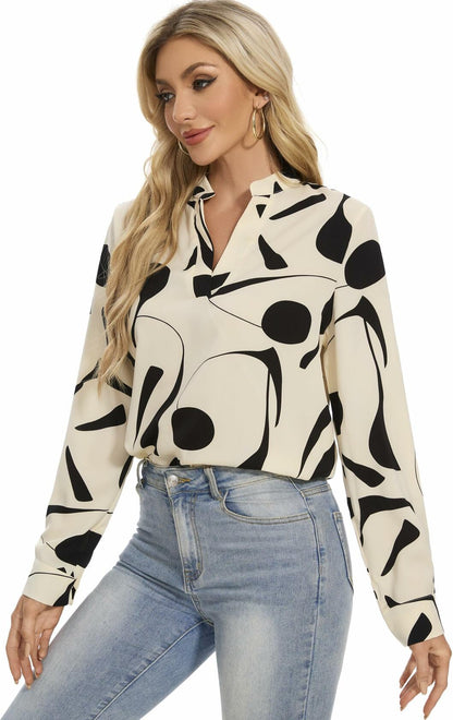 VIPONES Women V Neck Long Puff Sleeve Floral Blouse 530-floral White XL