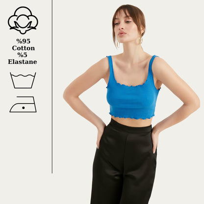 TUBANUR Women's Blue Cotton Sleeveless Crop Top Basic Fitted Tank Size S