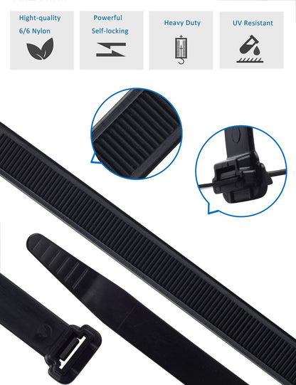 LOMAZH Cable Zip Ties 50pcs 12.2in Black Nylon 250lbs Tensile Strength