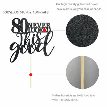 Black Glitter Happy 80th Birthday Cake Topper, Cheers to 80 Years, 80 Count