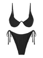 ZAFUL Women's Textured Underwire Bikini Set V Notch High Cut Ribbed Black Size M