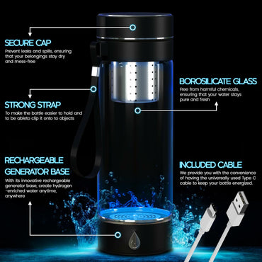 Hydrogen Water Bottle Generator Portable with Infuser 3 Min Electrolysis Black