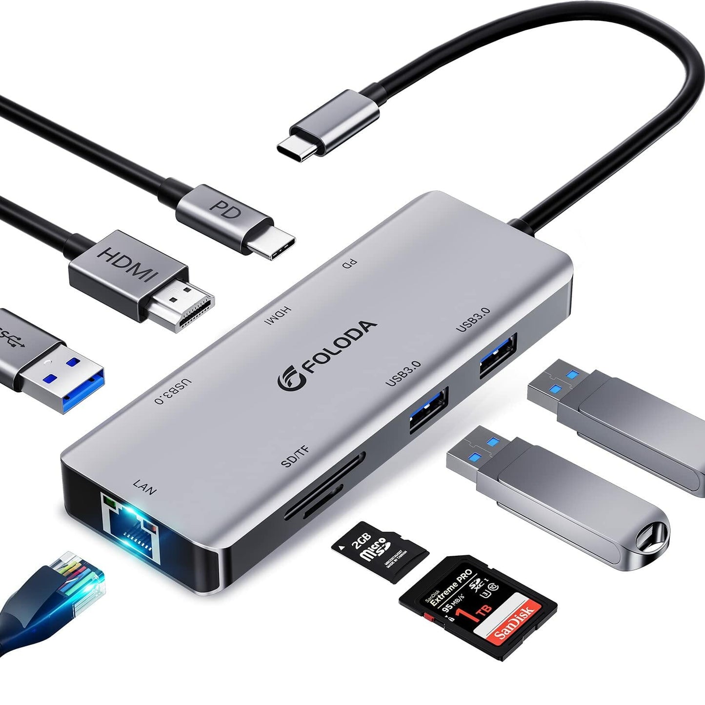 FOLODA USB C HUB 8-in-1 Docking Station HDMI 4K@60Hz Gigabit Ethernet Gray